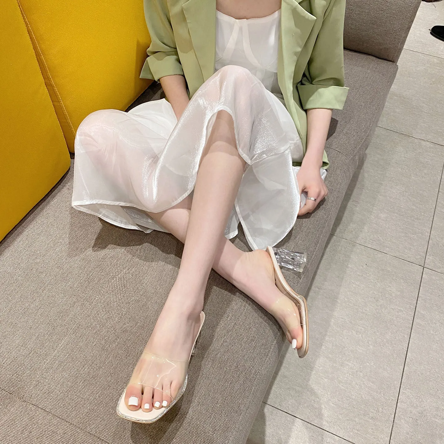 2025 SX68-1 transparent high heels for outer wear 2025 summer new square head high-heeled slippers with transparent sandals women