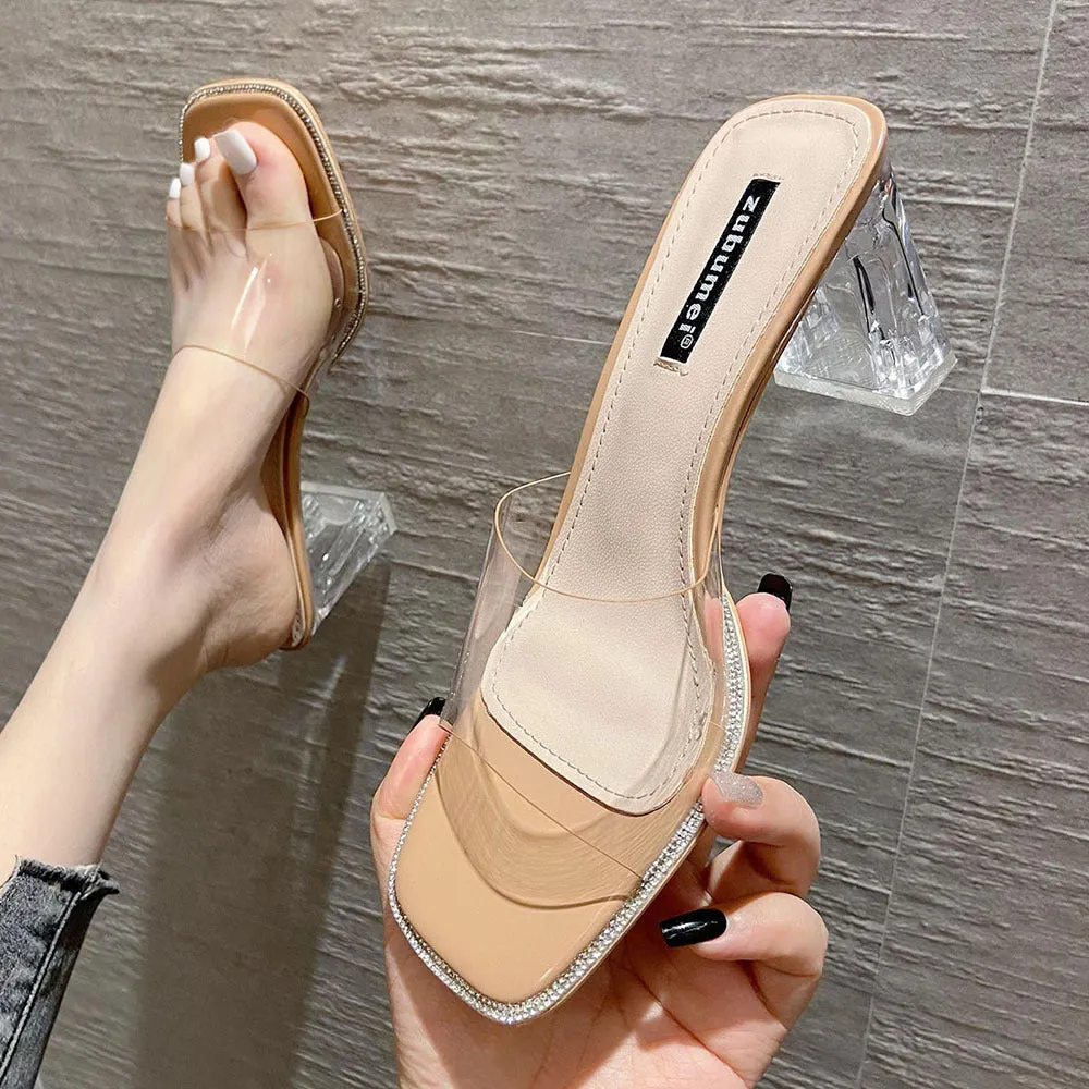 2025 SX68-1 transparent high heels for outer wear 2025 summer new square head high-heeled slippers with transparent sandals women