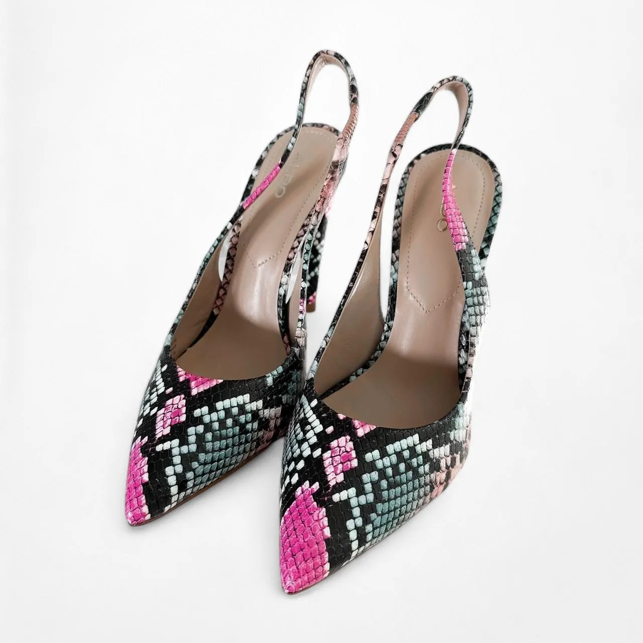 Aldo Pink Black Animal Snake Print Slingback Stiletto Pointy Toe Heels Size 6.5