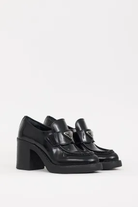 Black Leather Triangle Logo Heeled Loafer