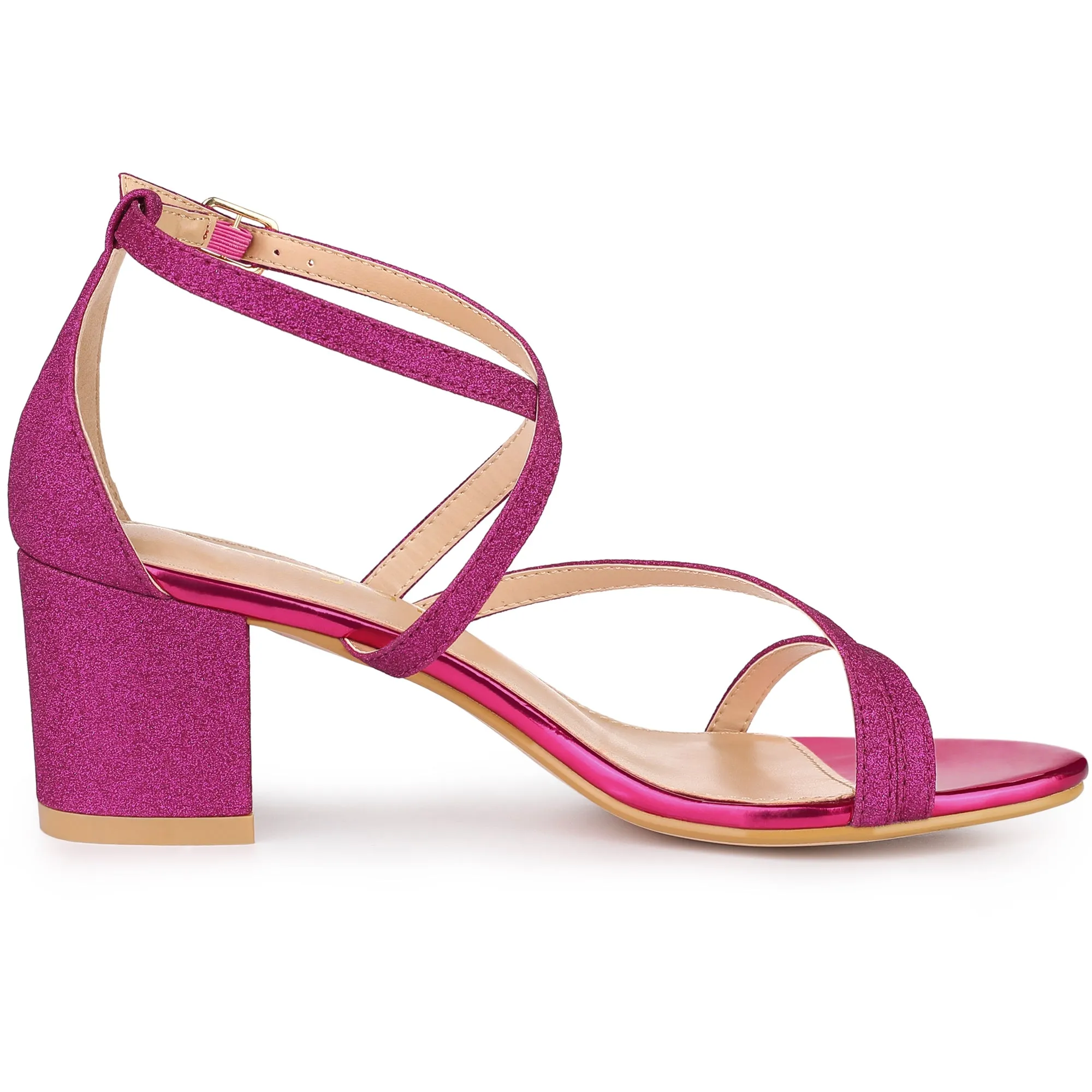 Glitter Crisscross Strap Chunky Heel Sandals