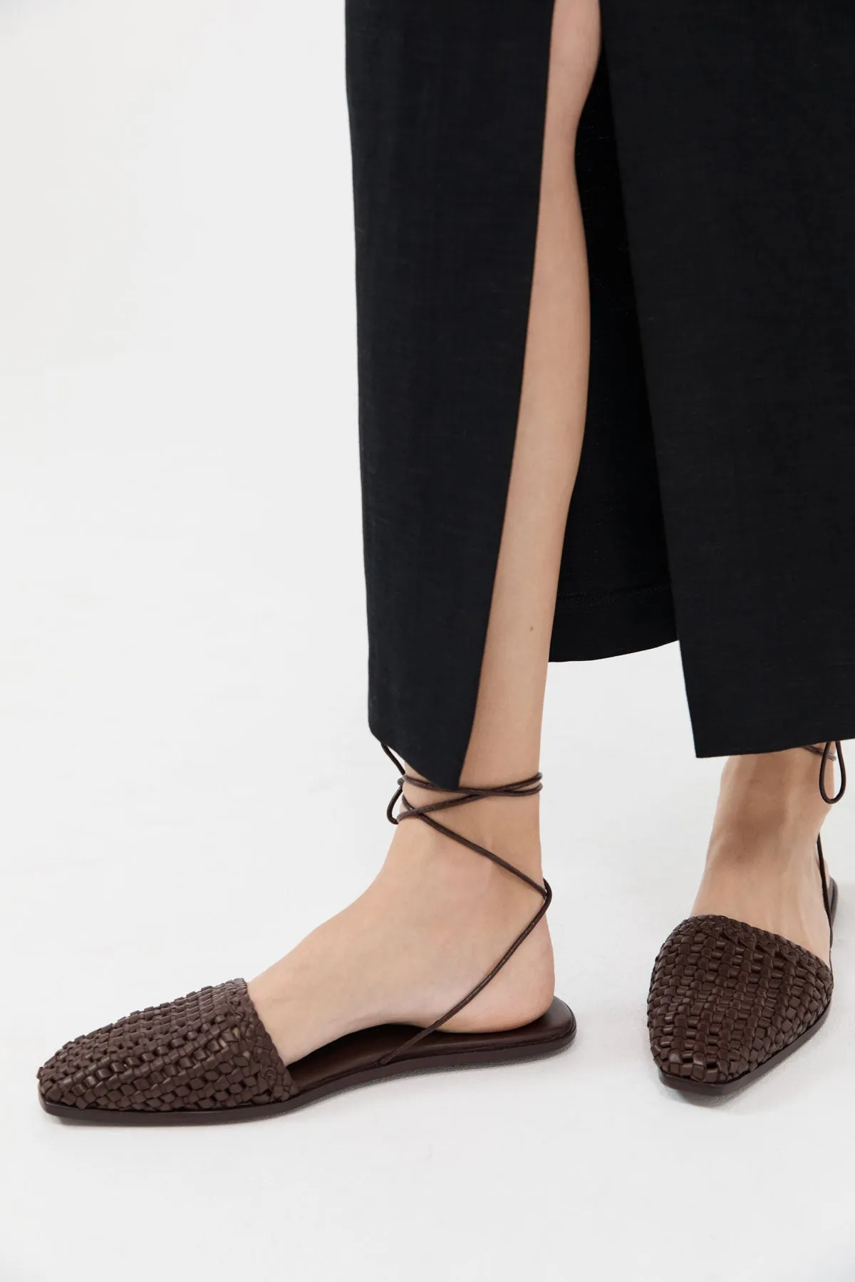 Macrame Mesh Tie Up Flats - Chocolate