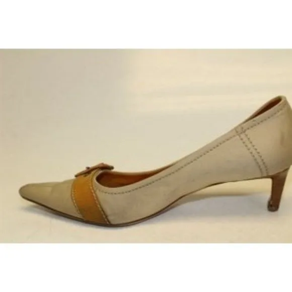 Miu Miu, size EU 39.5/9.5B US, khaki canvas and orange leather, squared, pointy toe, heels with 2" kitten heels, square, orange leather and chrome buckles, wood look heels, and chrome hardware