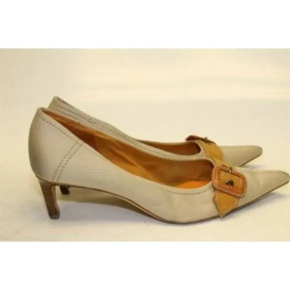Miu Miu, size EU 39.5/9.5B US, khaki canvas and orange leather, squared, pointy toe, heels with 2" kitten heels, square, orange leather and chrome buckles, wood look heels, and chrome hardware