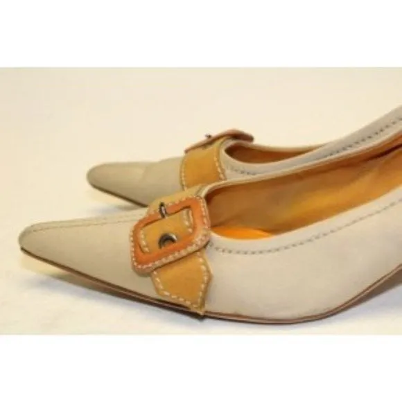 Miu Miu, size EU 39.5/9.5B US, khaki canvas and orange leather, squared, pointy toe, heels with 2" kitten heels, square, orange leather and chrome buckles, wood look heels, and chrome hardware