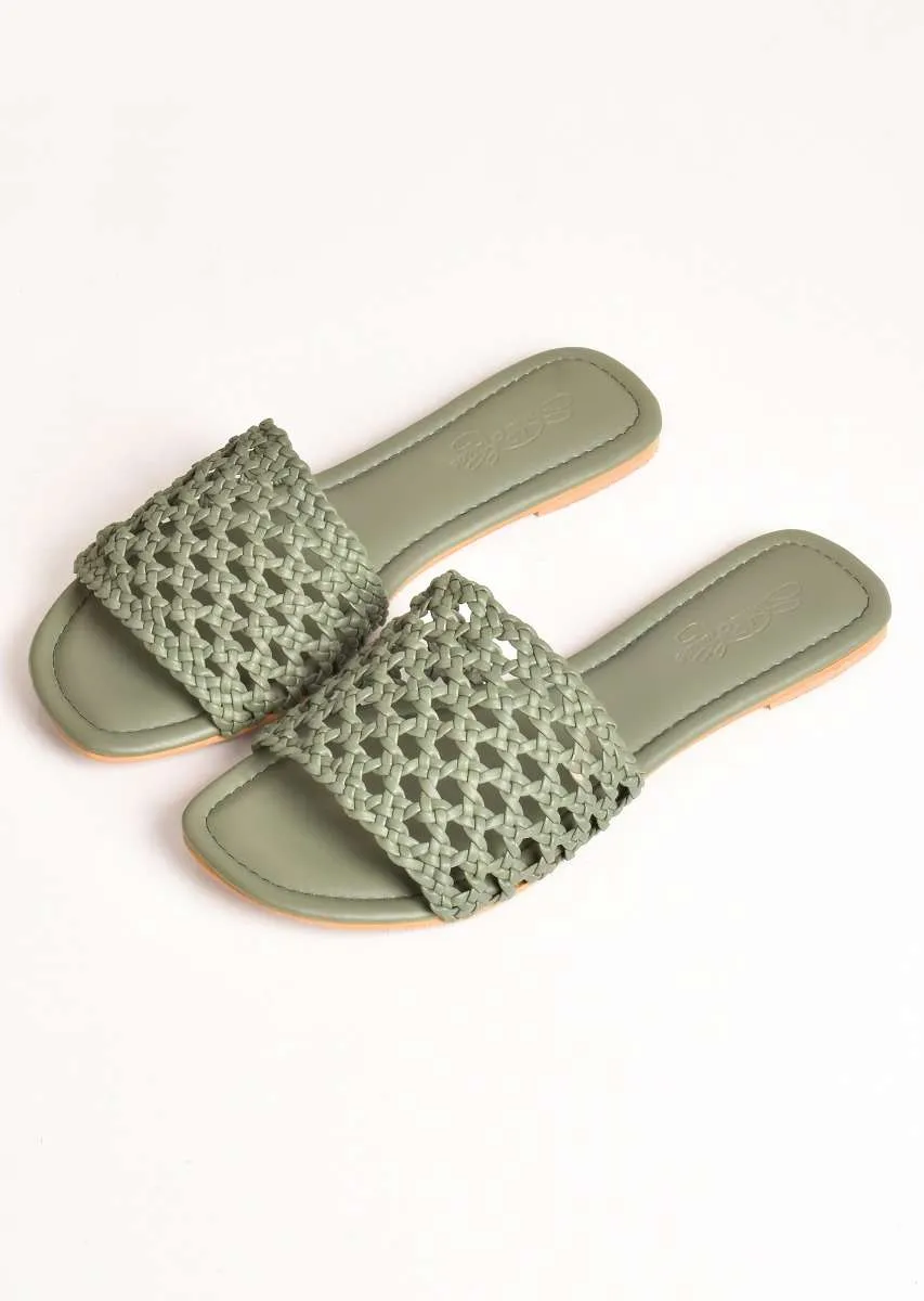 Olive Green Flats With Hand Woven Mesh Design By Sole House