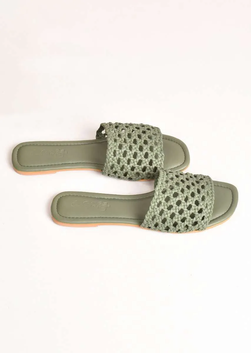 Olive Green Flats With Hand Woven Mesh Design By Sole House