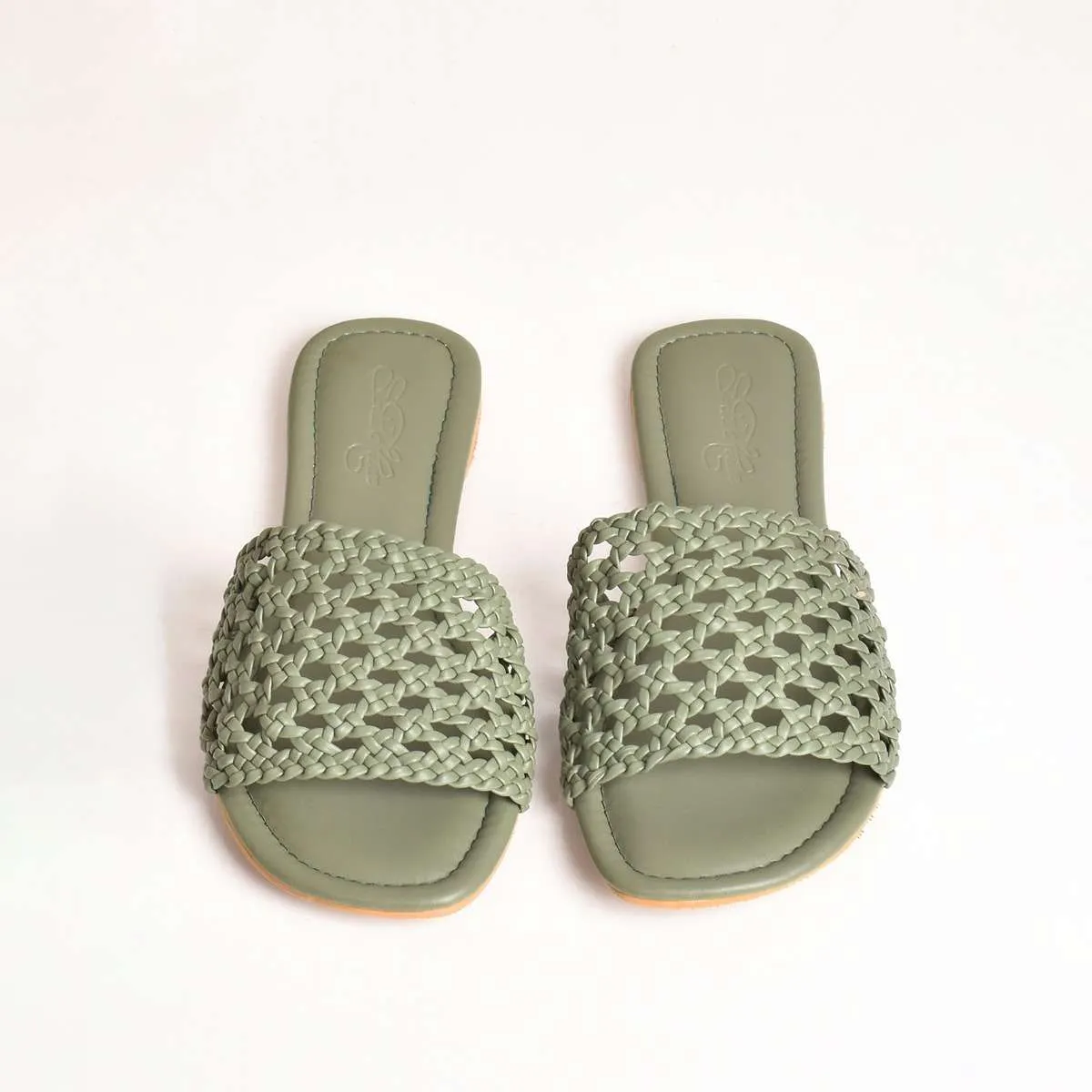 Olive Green Flats With Hand Woven Mesh Design By Sole House