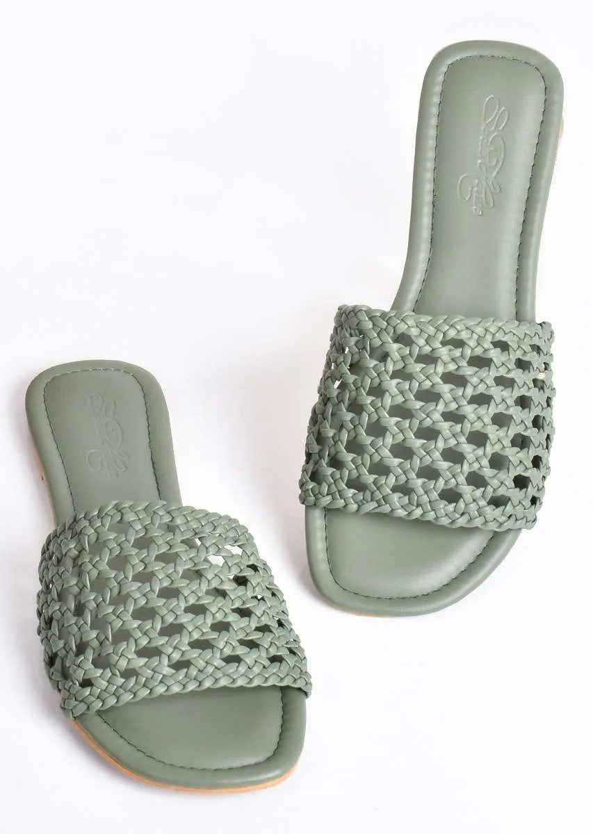 Olive Green Flats With Hand Woven Mesh Design By Sole House