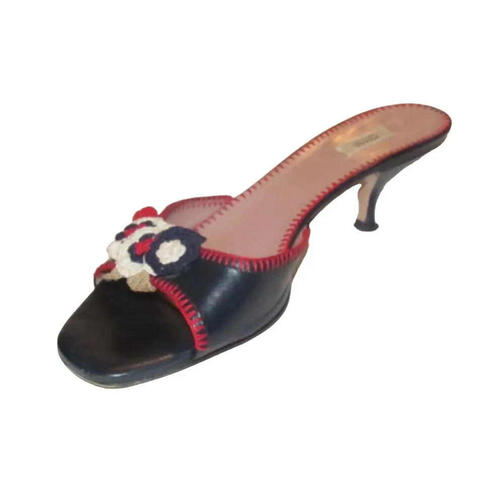 Prada navy & red leather kitten heels w crochet floral accents