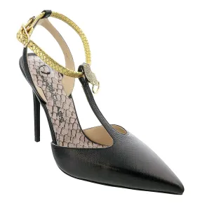 Roberto Cavalli Class  Black/Gold Leather T-Strap High Heel  Pump-