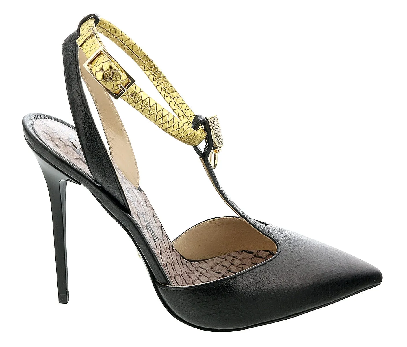 Roberto Cavalli Class  Black/Gold Leather T-Strap High Heel  Pump-