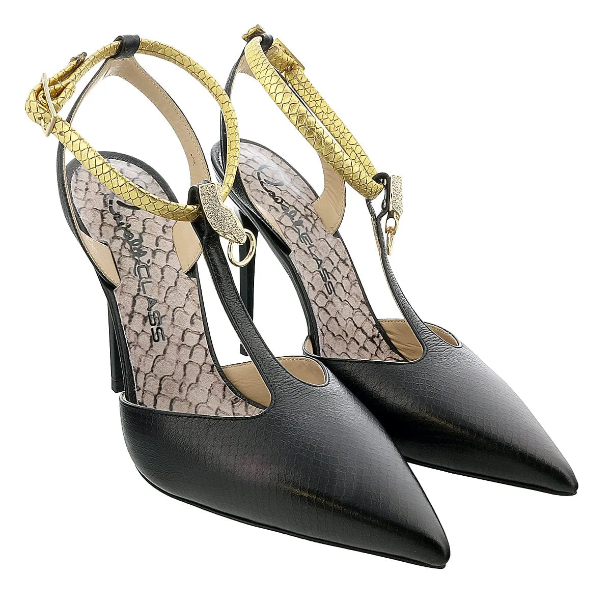 Roberto Cavalli Class  Black/Gold Leather T-Strap High Heel  Pump-
