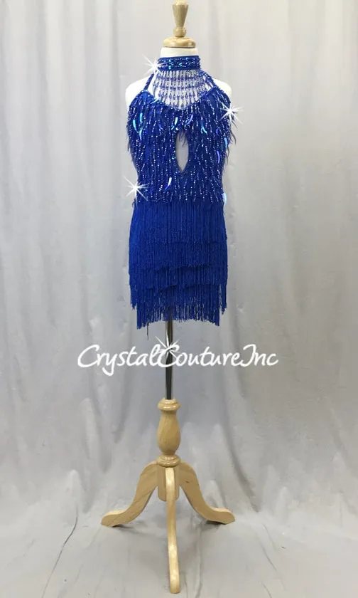 Royal Blue Halter Dress with Beaded Fringe & 5 Rows Chainette Fringe