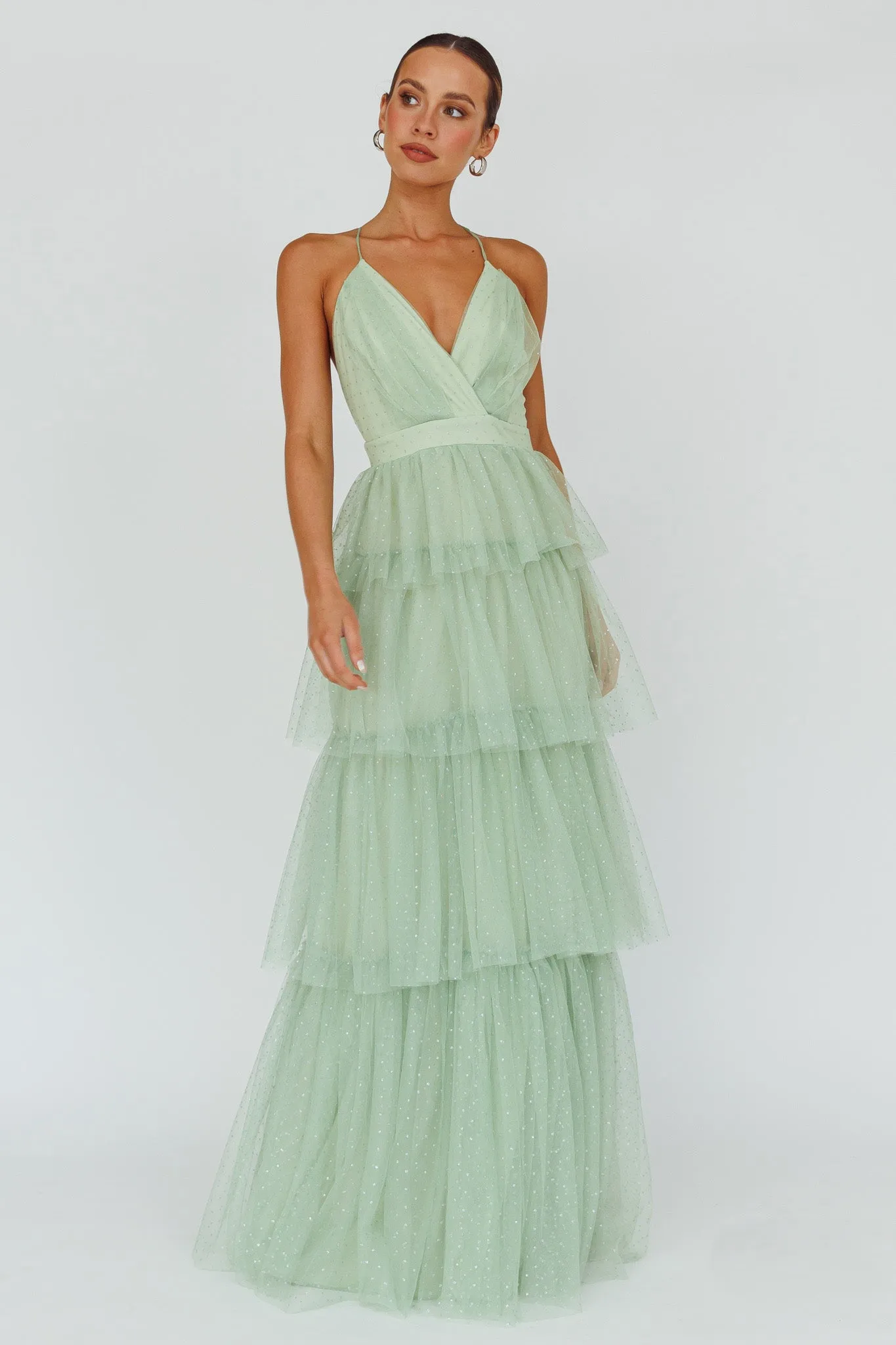 Seylah Tiered Frill Maxi Dress Glitter Sage