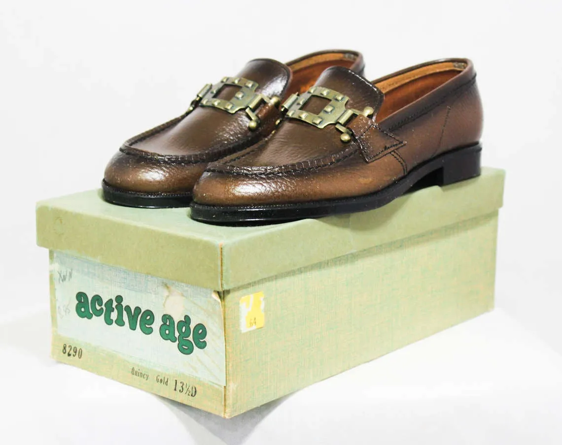 Size 1 Boys Shoes - Authentic 1960s Brown Leather Loafers - Child Size 1D - Boy's Loafer - Chunky Mod Buckle - Preppy Deadstock in Box NIB