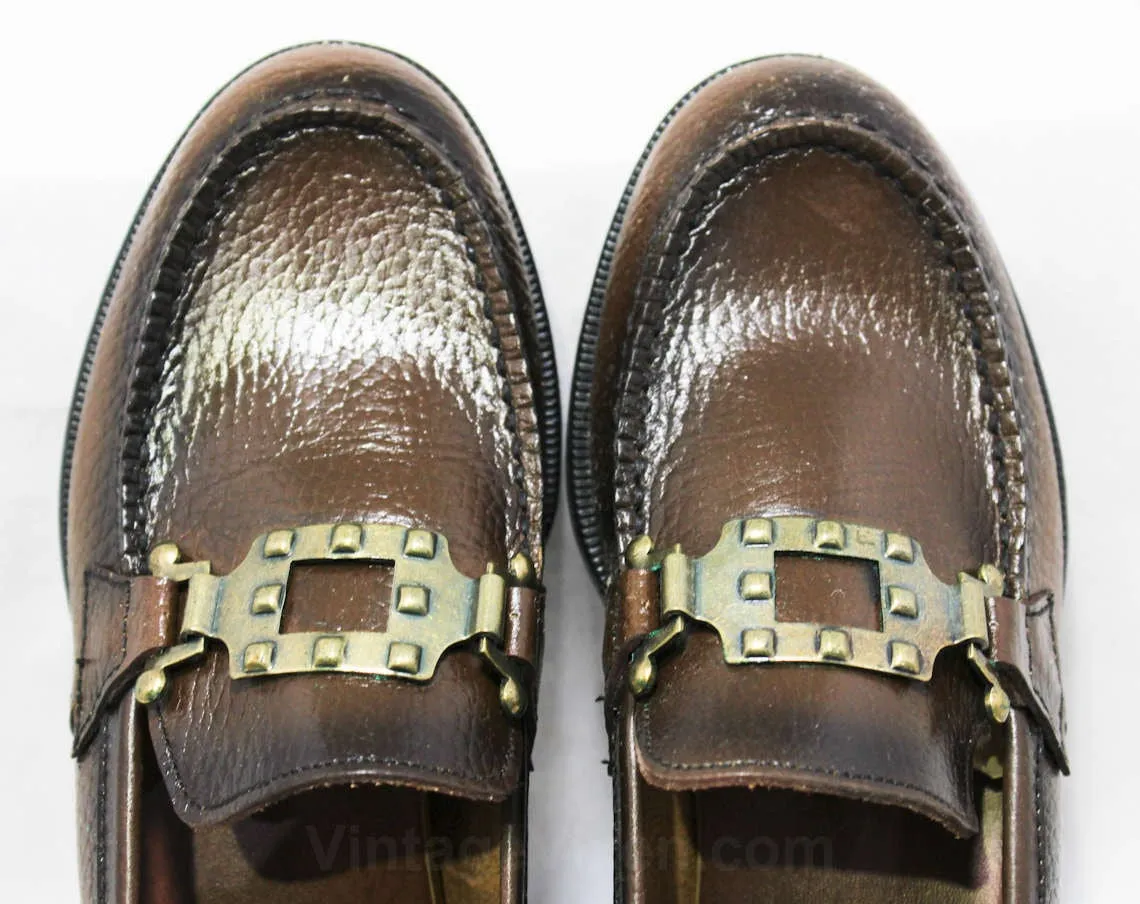 Size 1 Boys Shoes - Authentic 1960s Brown Leather Loafers - Child Size 1D - Boy's Loafer - Chunky Mod Buckle - Preppy Deadstock in Box NIB
